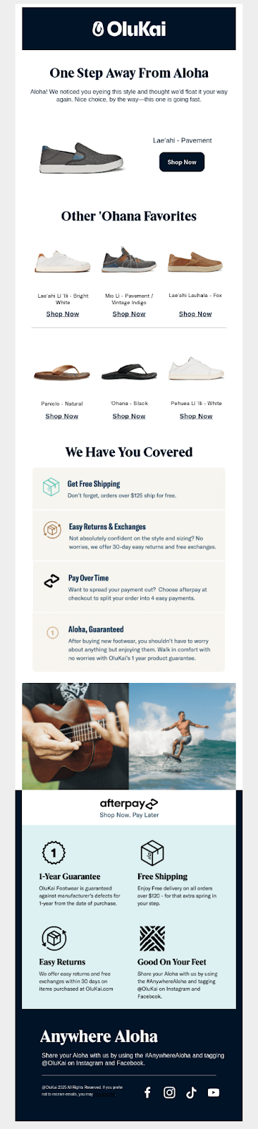 OluKai footwear brand browse abandonment email showing product recommendations and personalized messaging to recover lost sales